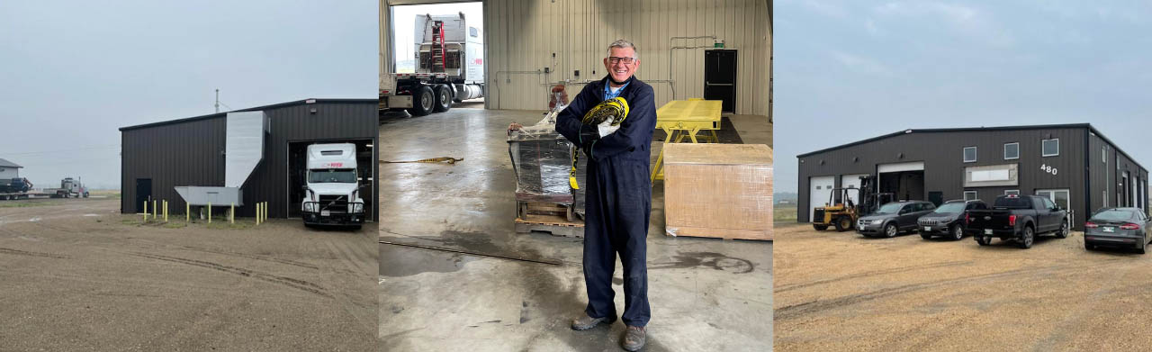 Frank Voth delivers first load of equipment at new Voth Truck Bodies in Morden, Manitoba.